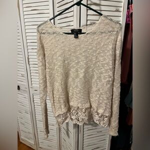 Forever 21 Cream Knit Sweater with Lace Hem